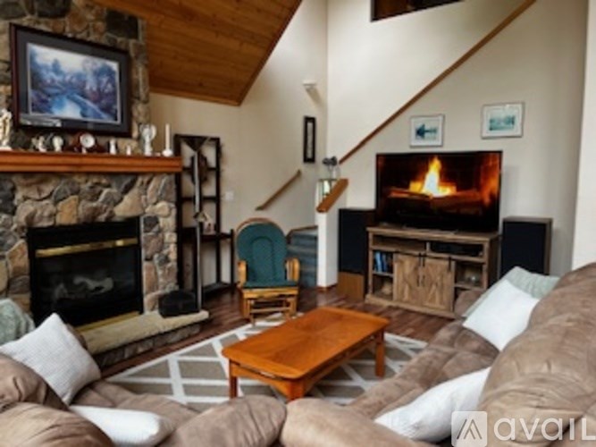A living room with a stone fireplace and a wood burning stove.