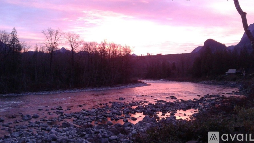 A river flows through a rocky landscape with trees and mountains in the background.