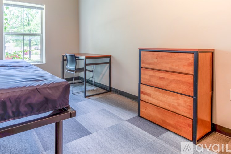 A bedroom with a bed, desk, and dresser.