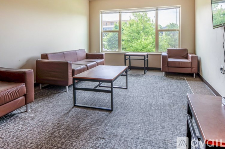 A living room with a grey carpet and brown furniture.