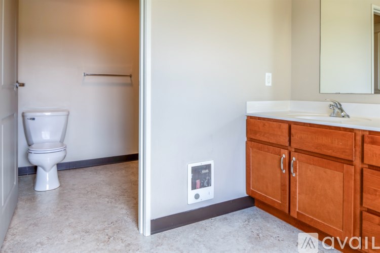 A bathroom with a toilet, sink, and wooden cabinets.