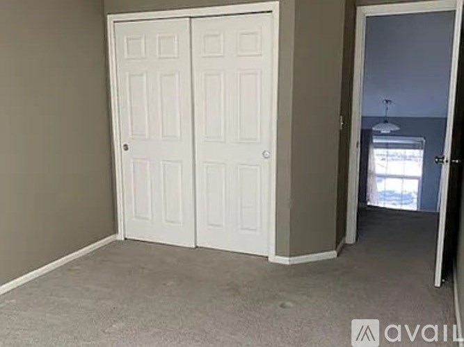 A room with two white doors and a carpeted floor.