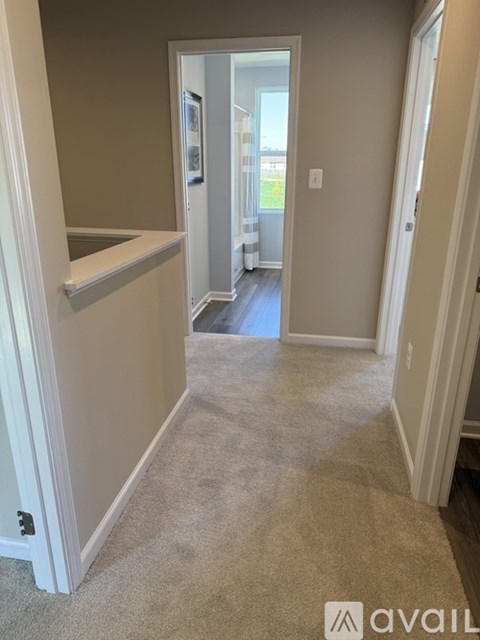 A hallway with a carpeted floor and white walls.