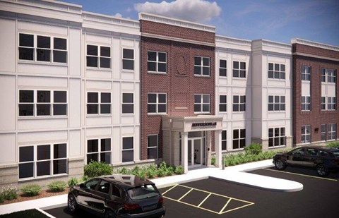 A rendering of a modern building with a parking lot in front.