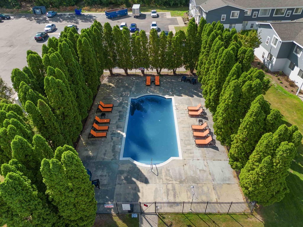 A swimming pool surrounded by trees and chairs.
