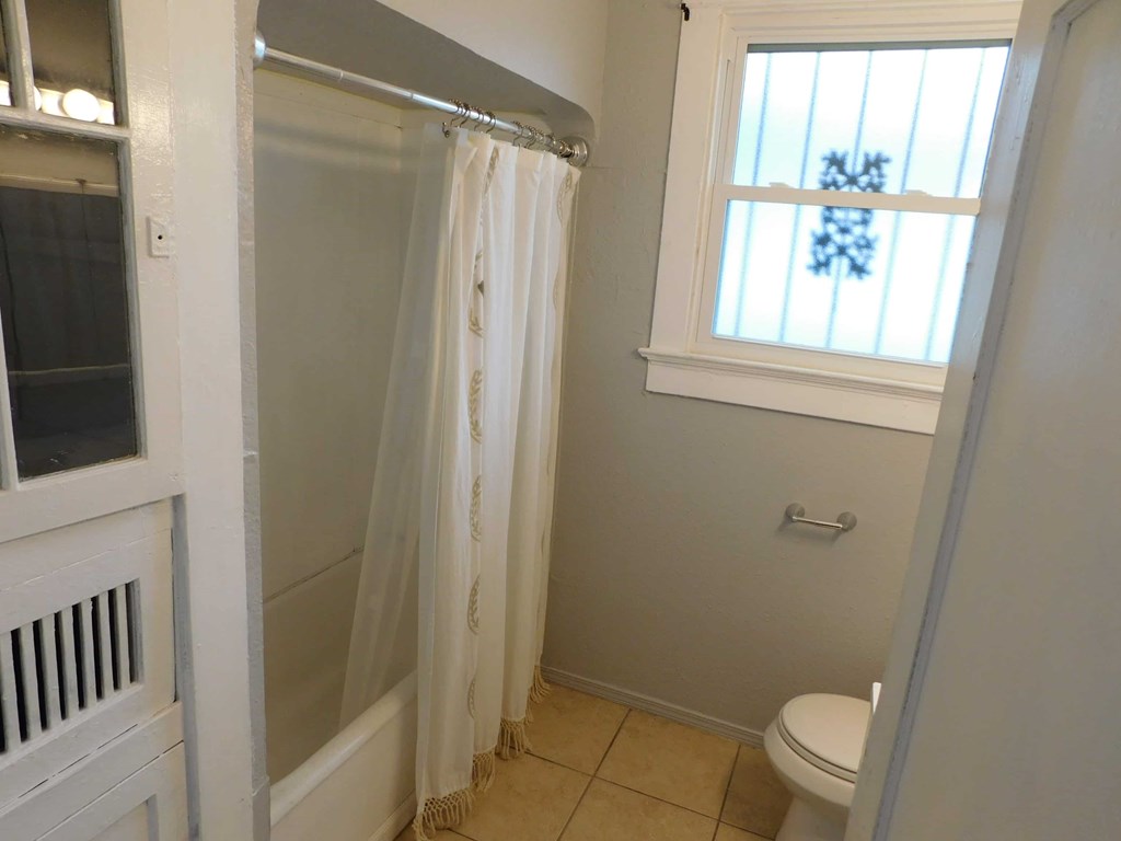 A bathroom with a toilet, a shower with a curtain, and a window.