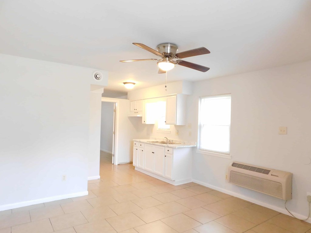 A white room with a ceiling fan and a window.