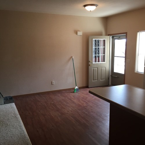A room with a brown floor and a white door.
