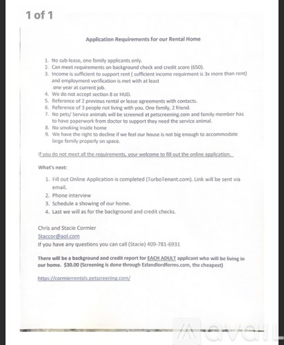 A document outlining the application requirements for a rental home.