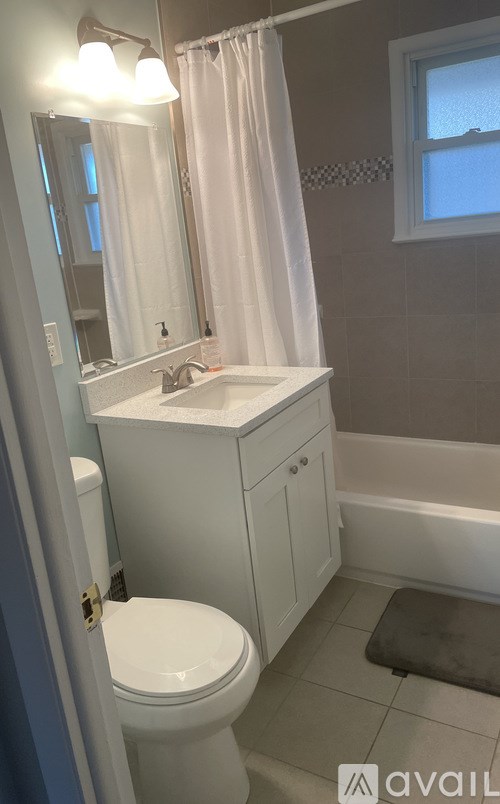 A bathroom with a toilet, sink, and shower curtain.