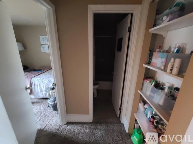 A room with a bed, a closet, and a shelf with various items.
