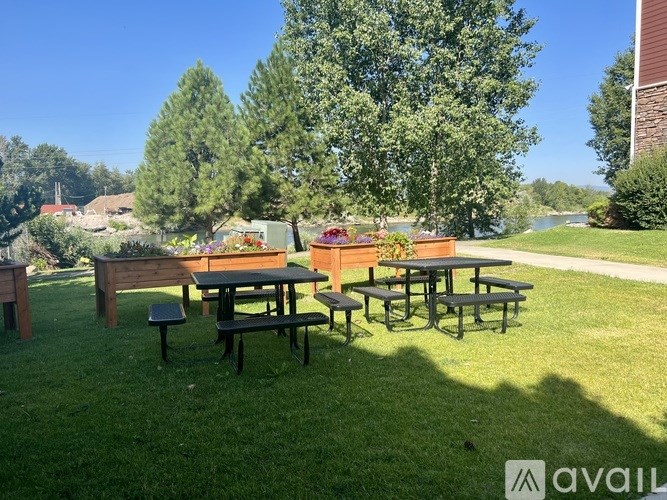 A picnic area with tables and benches is set up in a grassy field.