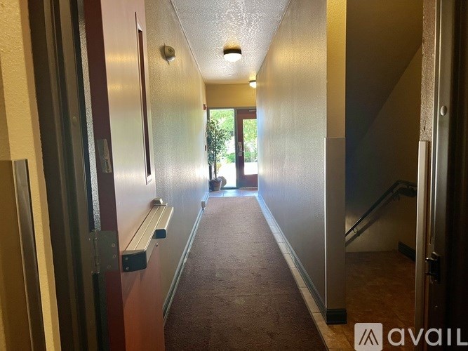 A hallway with a carpeted floor and doors on both sides.