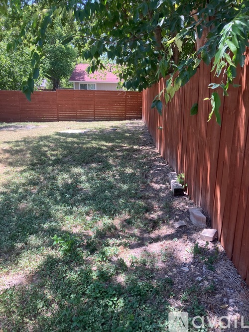 A backyard with a wooden fence and green grass.