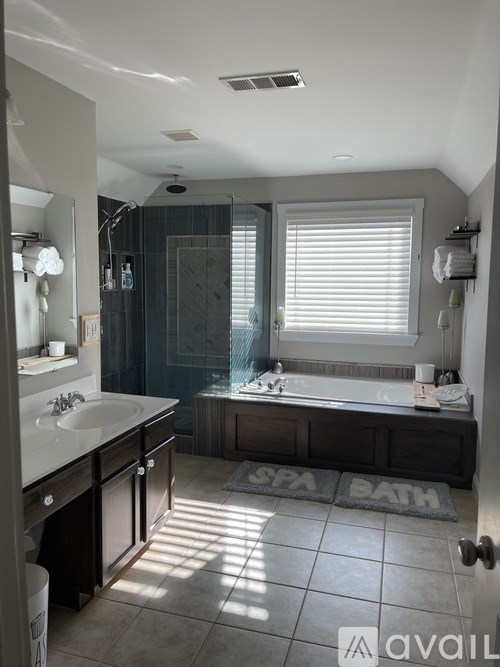 A bathroom with a white sink and a bathtub with a mat that says spa bath.