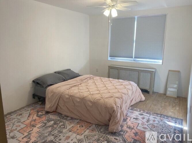 A bedroom with a bed, a fan, and a rug.