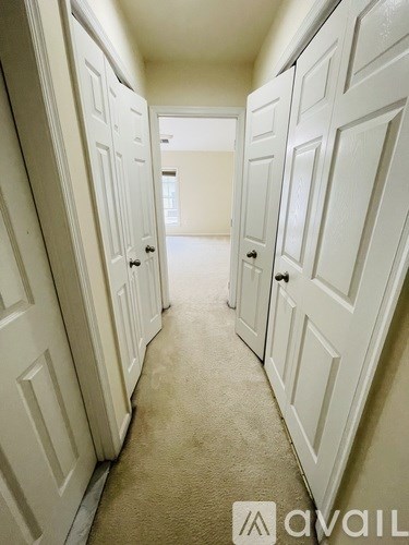 A hallway with white doors and carpeted floor.