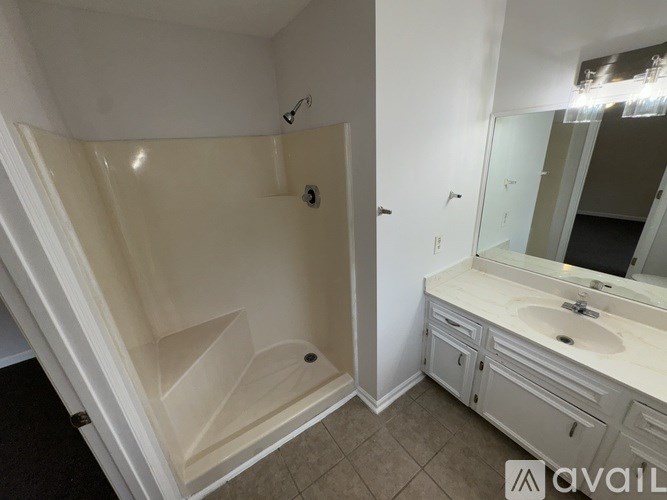 A bathroom with a walk-in shower and a sink vanity.
