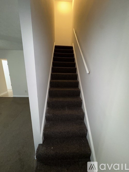 A staircase with a carpeted runner and a white wall on the side.