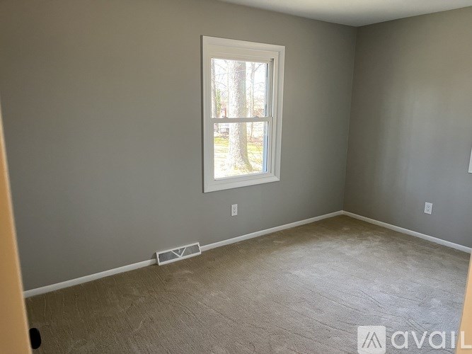 A room with a window and a carpeted floor.