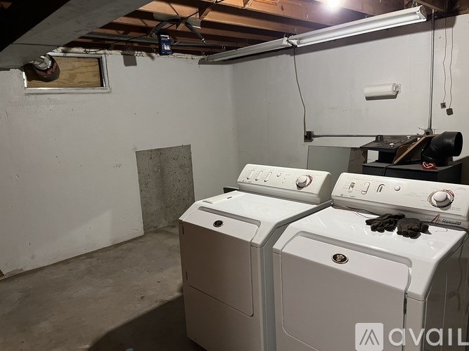 A washer and dryer are sitting in a basement.