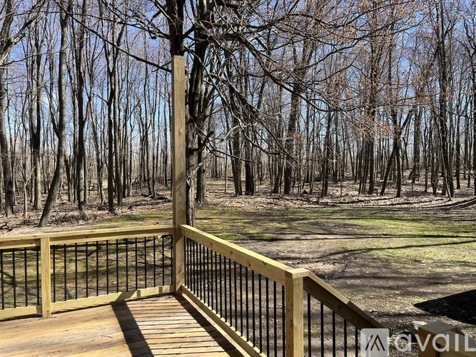 A wooden deck with a railing overlooks a forest.