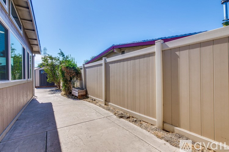 A sunny day at a residential area with a beige fence and a clear blue sky.
