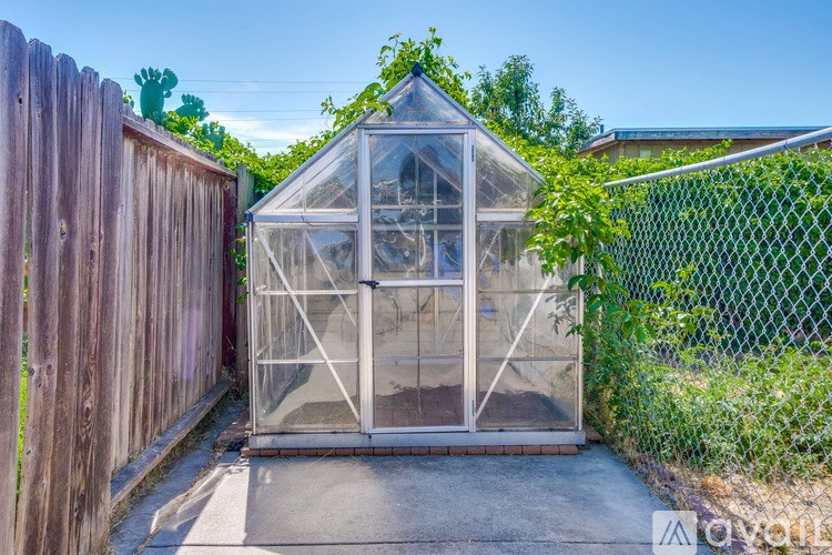 A greenhouse is situated in a backyard between a wooden fence and a chain link fence.