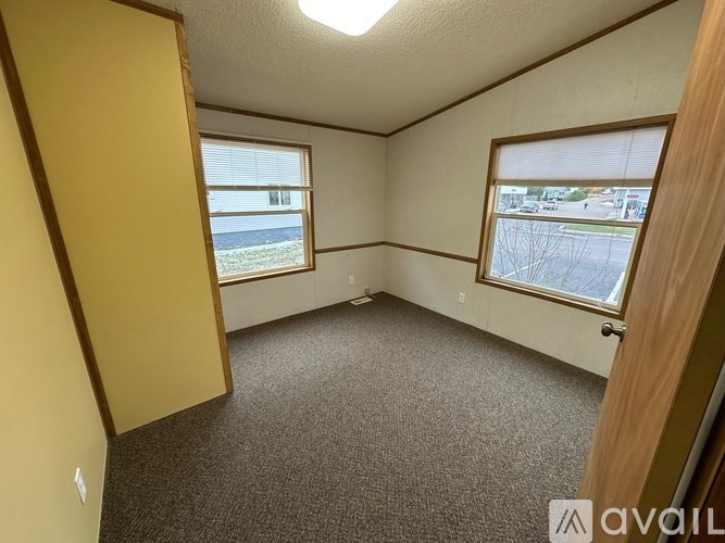 A room with a carpeted floor, two windows, and a door.