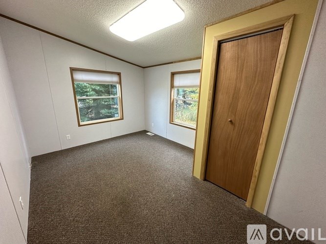 A room with a brown carpet and a wooden door.