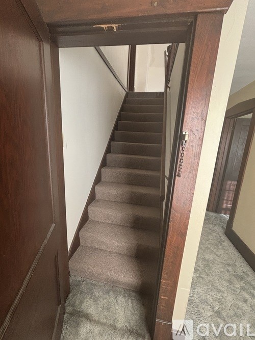 A staircase with a carpeted runner and wooden handrail.
