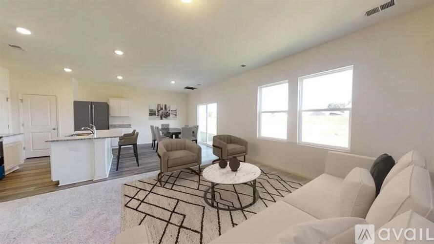 A living room with a white couch and a black and white rug.