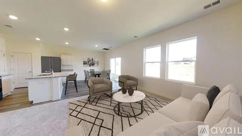 A living room with a white couch and a black and white rug.