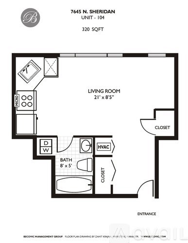A black and white image of a floor plan for a unit at 7645 N. Sheridan.