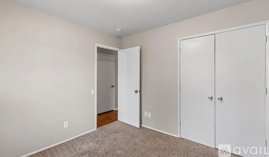 A room with a carpeted floor and two white doors.