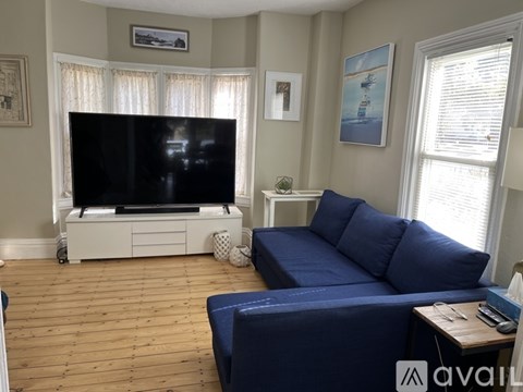 A living room with a blue couch and a television.