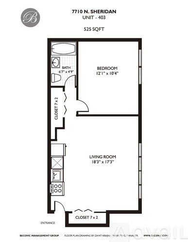 A floor plan for a 525 square foot unit at 7710 N. Sheridan shows a bedroom, a living room, and a bathroom.
