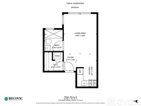 A floor plan for a home with a living area, bathroom, kitchen, and foyer.