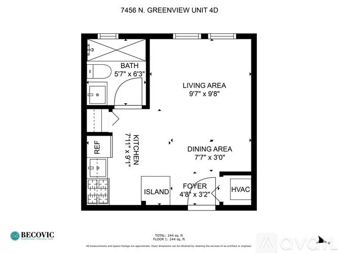 A floor plan for a 4D unit at 7456 N. Greenview shows a living area of 97" x 98", a dining area of 77" x 30", and a bath