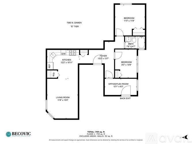 A floor plan of an apartment with a living room, two bedrooms, a kitchen, and an office/flex room.