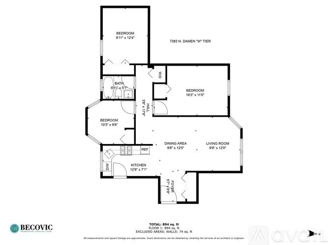 A floor plan of an apartment with three bedrooms and a living area.