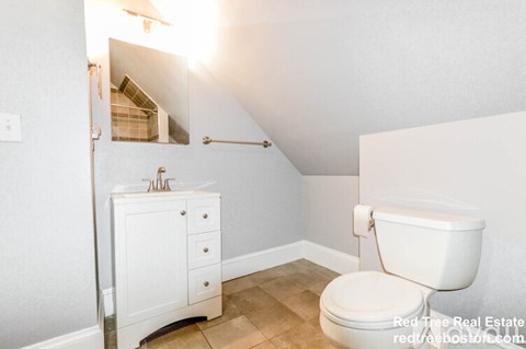 A white toilet in a small bathroom with a cabinet and a mirror.