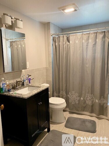A bathroom with a sink, toilet, and shower curtain.