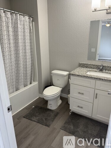 A bathroom with a toilet, sink, and shower curtain.