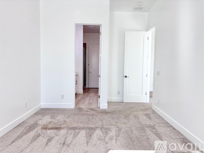 A room with a carpeted floor and two doors, one of which is open.