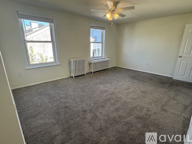 A room with a carpeted floor, a ceiling fan, and two windows with radiators beneath them.
