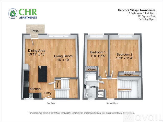 A floor plan for a two bedroom, one bathroom apartment.