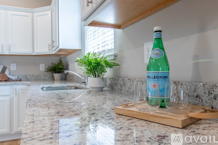 A bottle of Pellegrino water is on a wooden tray with a glass and a plant.