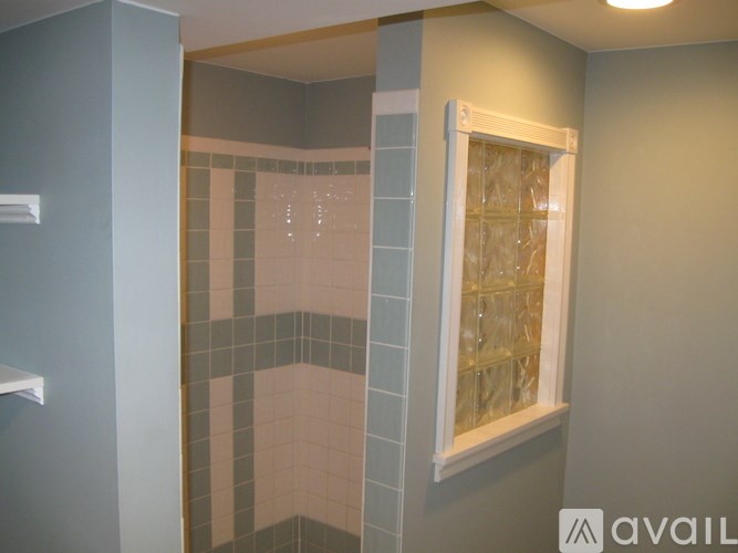 A bathroom with a shower and a glass block window.