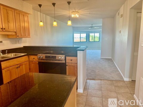 A kitchen with wooden cabinets and black countertops.